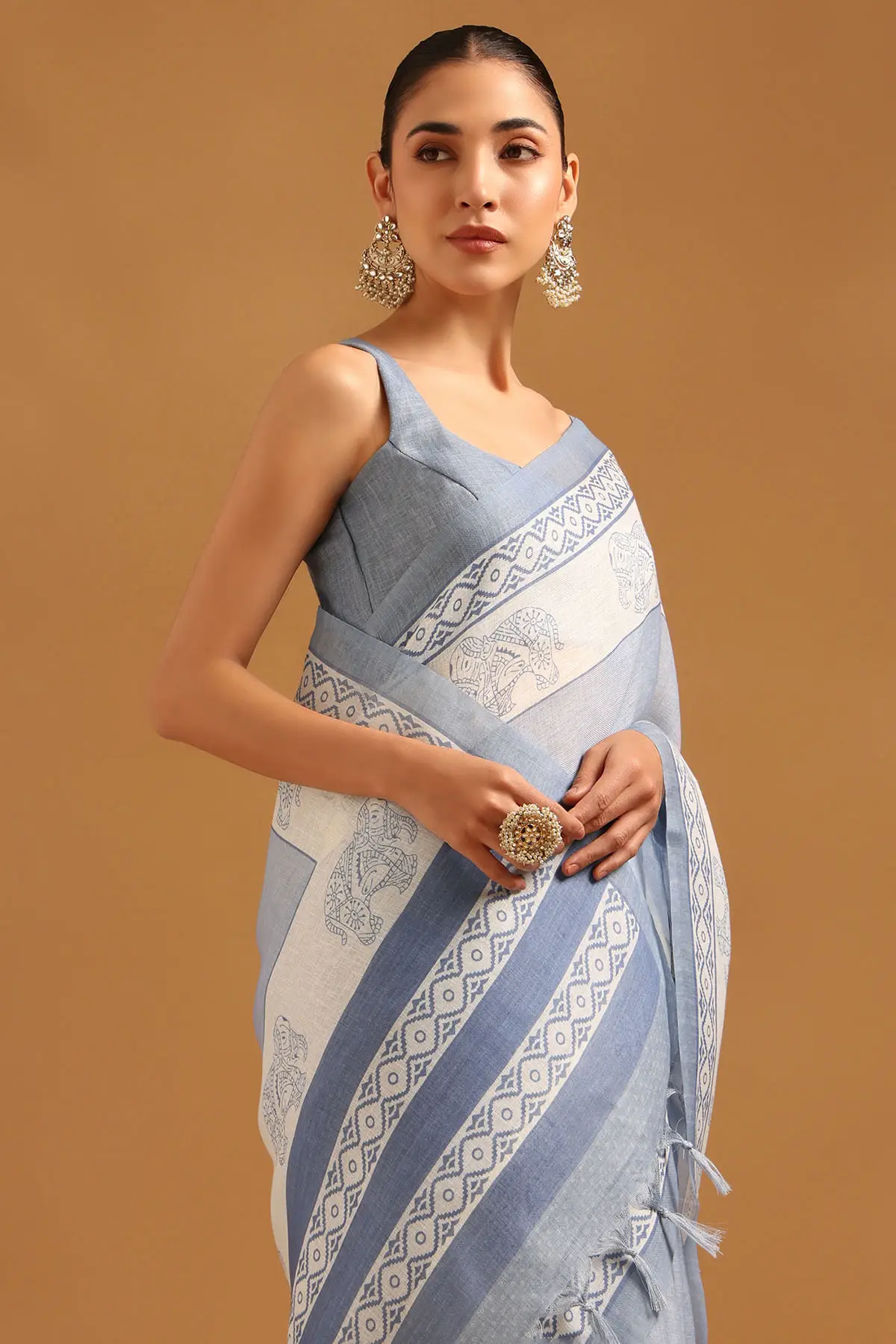 Blue Linen Block Printed Ethnic Motifs Saree